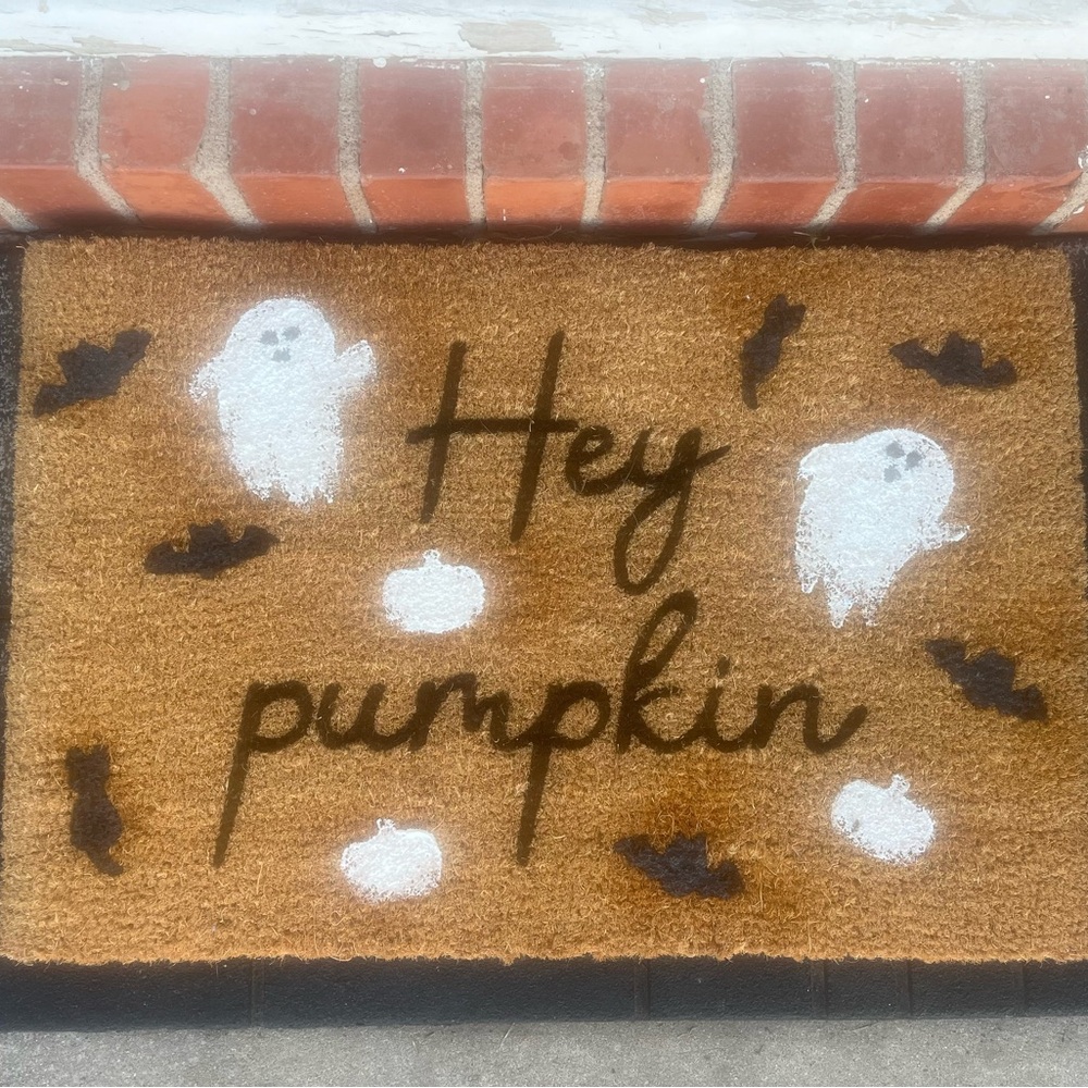 Festive Ghost and Pumpkin Doormat - Brown and White